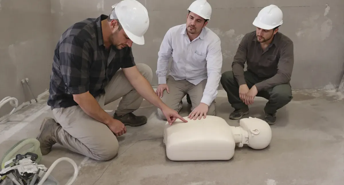 Session de formation sauveteur secouriste du travail : le formateur montre le point de compression sur le mannequin