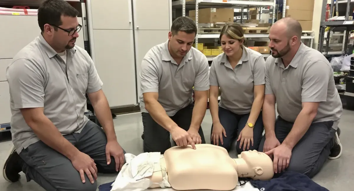 Session de formation sauveteur secouriste du travail : le formateur montre le point de compression sur le mannequin
