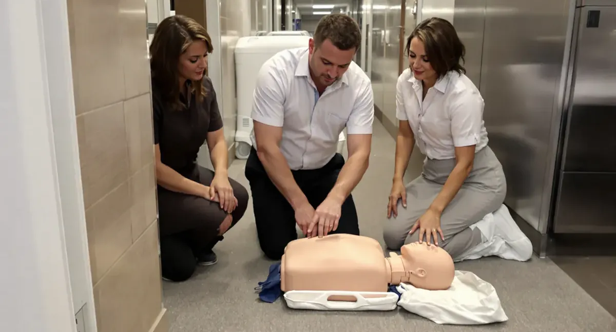 Session de formation sauveteur secouriste du travail : le formateur montre le point de compression sur le mannequin