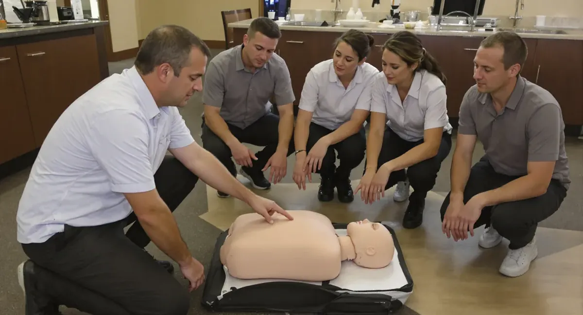 Session de formation sauveteur secouriste du travail : le formateur montre le point de compression sur le mannequin