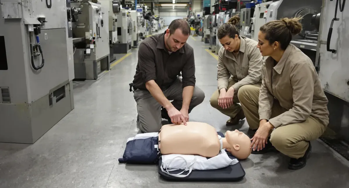 Session de formation sauveteur secouriste du travail : le formateur montre le point de compression sur le mannequin