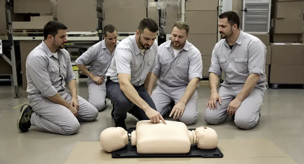 Session de formation sauveteur secouriste du travail : le formateur montre le point de compression sur le mannequin