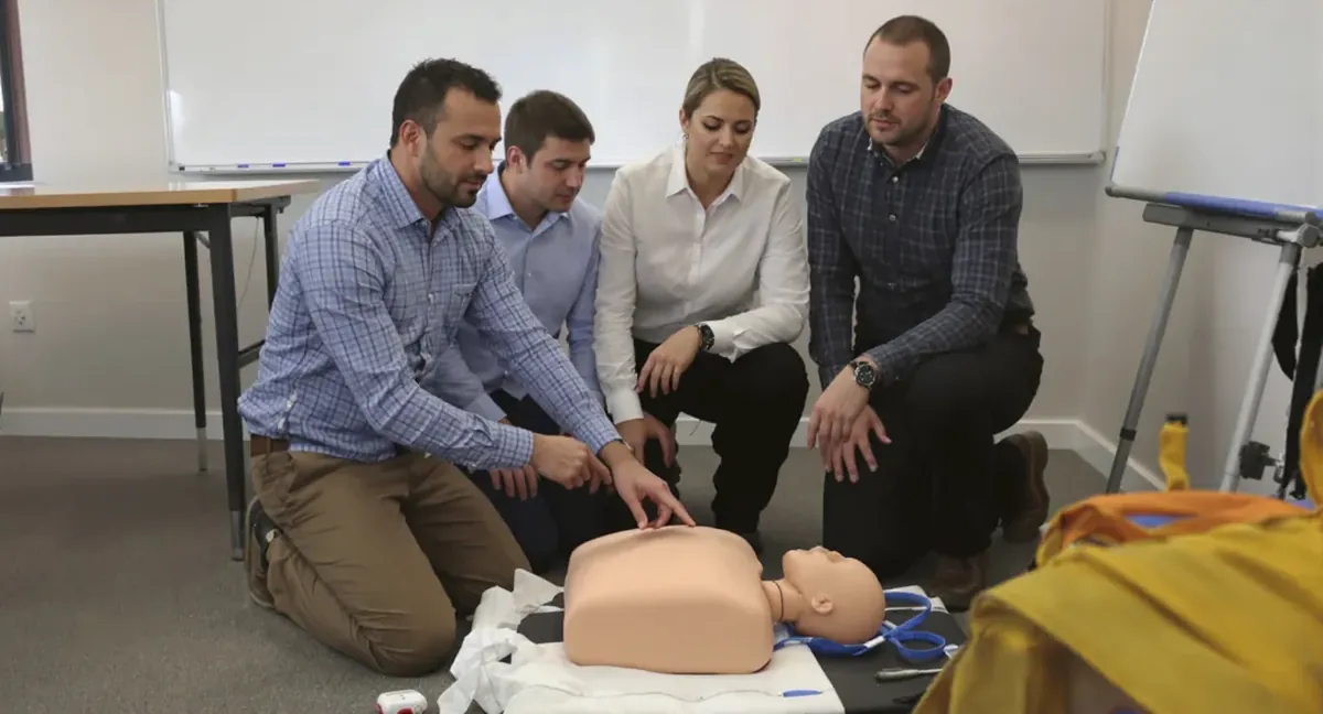 Session de formation sauveteur secouriste du travail : le formateur montre le point de compression sur le mannequin