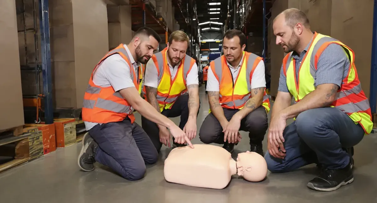 Session de formation sauveteur secouriste du travail : le formateur montre le point de compression sur le mannequin